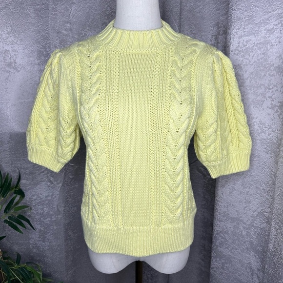 NEW English Factory Cable Knit Puff Sleeve Sweater Top in Lemon Sz S - Picture 1 of 9